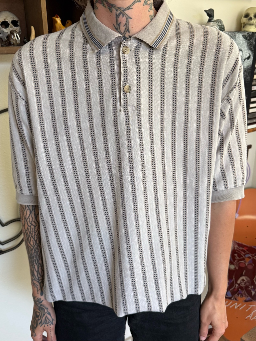 Vintage 80s 90s Cropped Boxy Earthy Striped Polo ~ Size Medium
